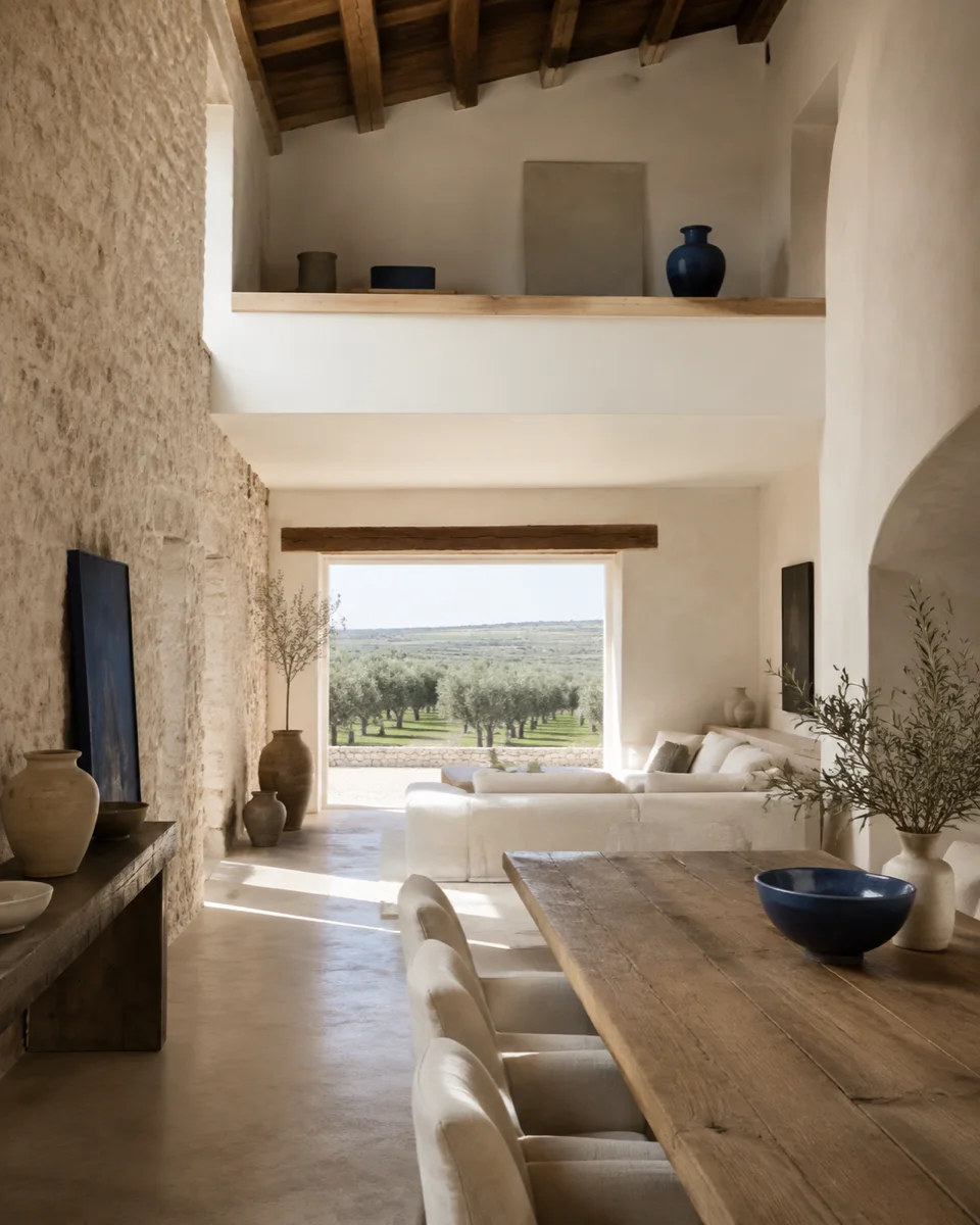 Intérieur de maison en pierre ouvert sur un verger